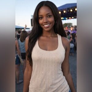 WHBM Silver Stud Front Fringe Raw Hem around Scoop Neck BEIGE Tank Top LARGE NWT